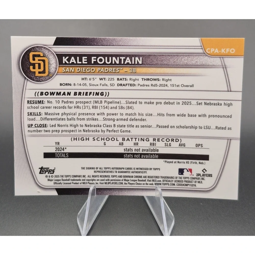2025 Bowman Chrome Kale Fountain #CPA-KFO 1st Bowman True Purple Auto /250 (AU)